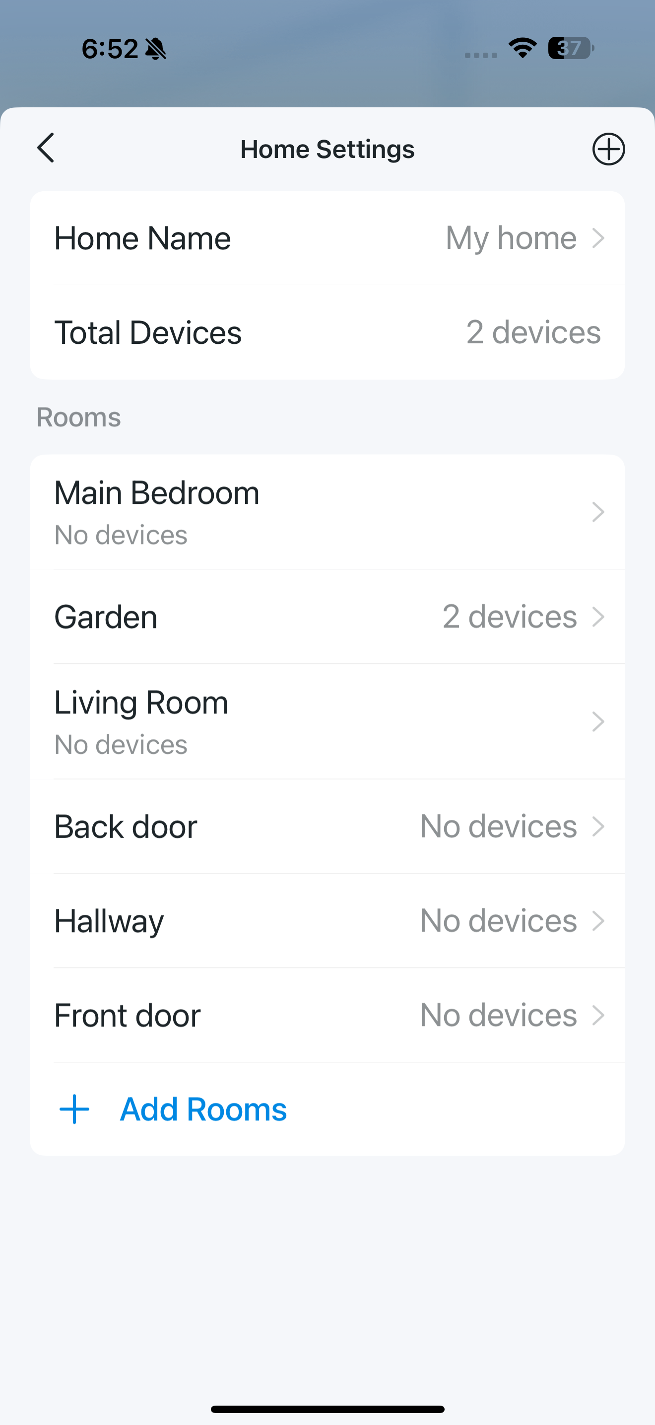 Home Settings page in the app