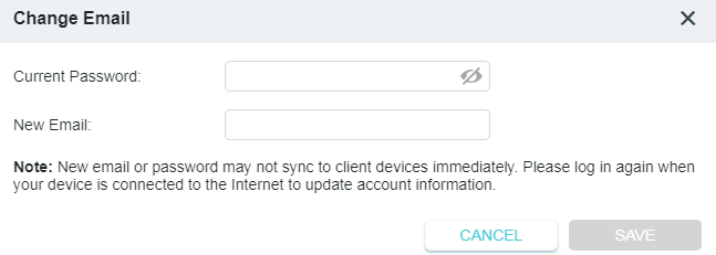 A dialog box titled "Change Email" prompts the user to enter their current password and a new email address. It includes a note advising users to log in again for changes to sync, and "CANCEL" and "SAVE" buttons.