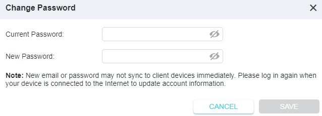 A dialog box titled "Change Password" prompts the user to enter their current password and a new password. The interface includes eye icons next to the input fields to toggle password visibility, a note about syncing changes to client devices, and "CANCEL" and "SAVE" buttons.