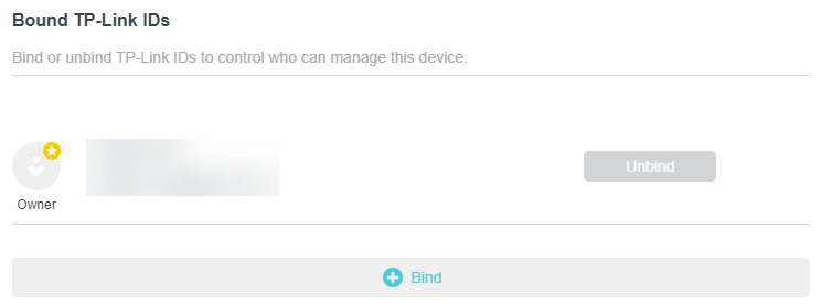 a router settings page for "Bound TP-Link IDs". The page explains that binding IDs controls device management access. It lists an existing "Owner" with an option to "Unbind", and a button at the bottom to "Bind" a new ID.