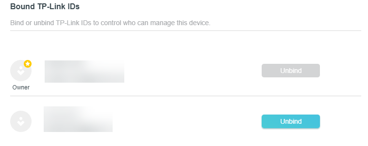 a router settings page for "Bound TP-Link IDs". The page explains that binding or unbinding IDs controls who can manage the device. It lists two accounts: the primary owner with a grayed-out "Unbind" button, and a second account with an active teal "Unbind" button.