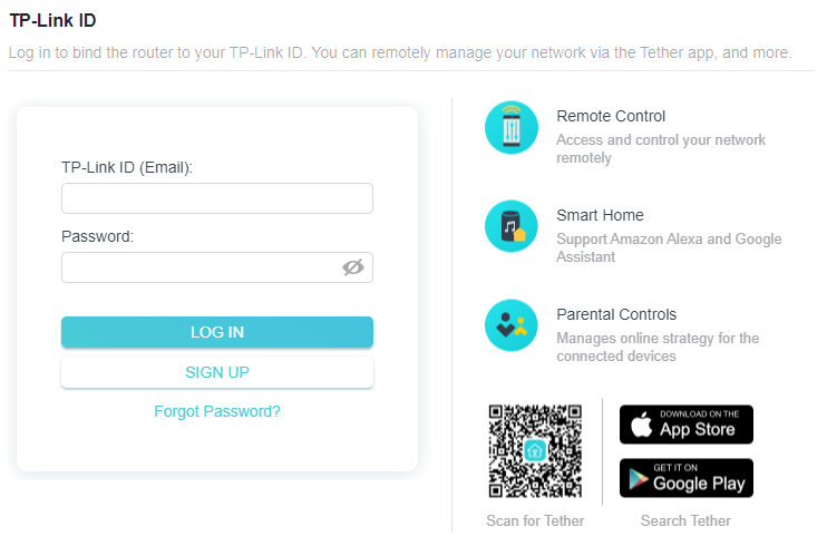 a TP-Link ID login page for router management. The interface includes a login form with fields for email and password, options to log in or sign up, and information panels highlighting features such as remote control, smart home support (Amazon Alexa and Google Assistant), and parental controls. The page also includes a QR code and links to download the Tether app from the App Store and Google Play.