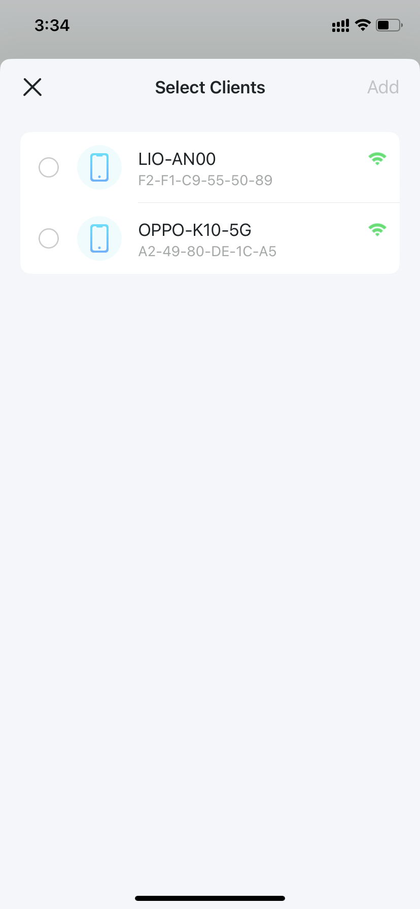 page for selecting local clients