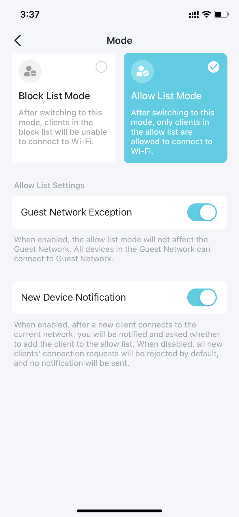 mode settings page