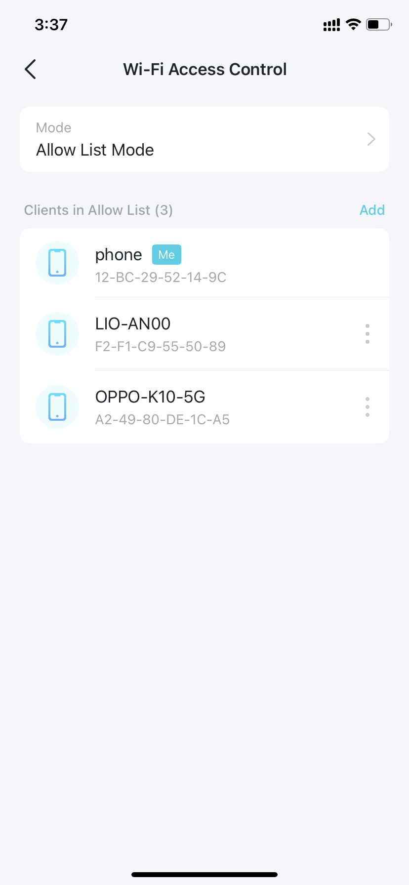 Wi-Fi Access Control page while in Allow List Mode