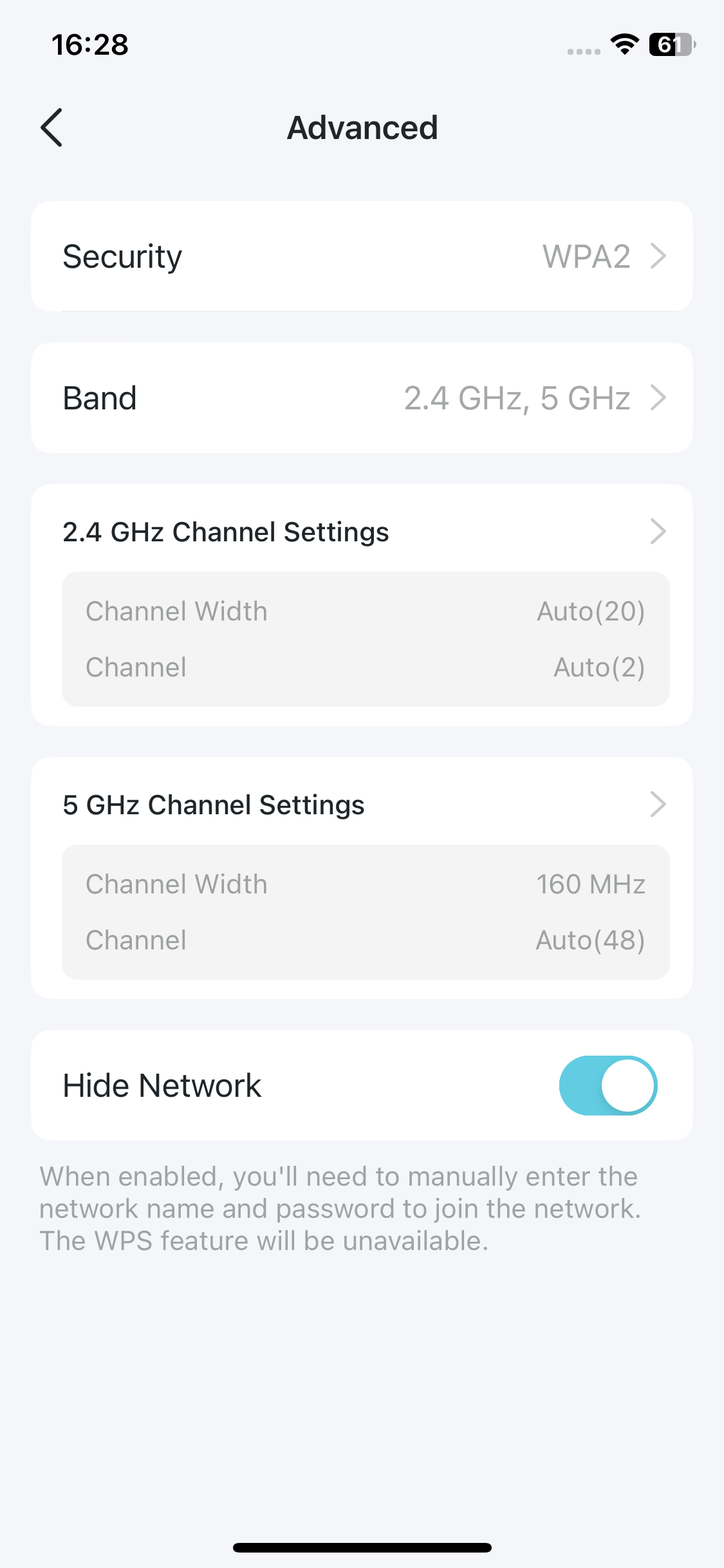Locate the Hide Network toggle button on Advanced page