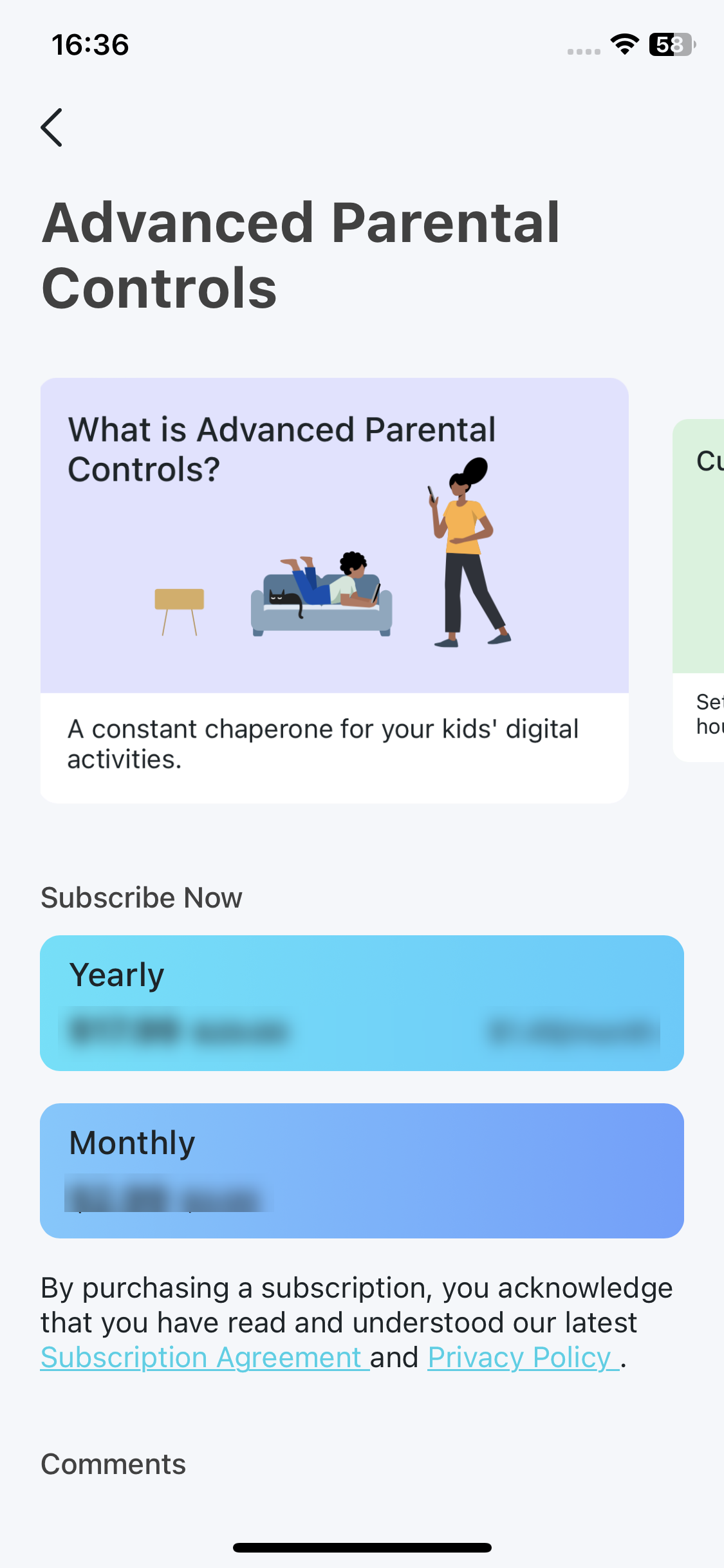 Advanced Parental Controls subscription page