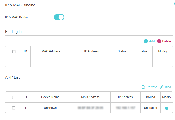 IP & MAC Binding settings page, showing an enabled toggle and an ARP List with one "Unknown" device at IP 192.168.1.157