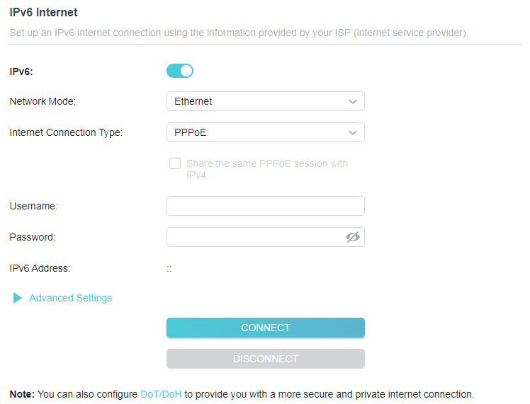 A screenshot of a router configuration interface titled "IPv6 Internet". The screen displays settings for Network Mode (Ethernet) and Internet Connection Type (PPPoE), with fields for Username, Password, and IPv6 Address. It includes buttons to connect or disconnect, and a note regarding DoT/DoH security configuration is visible at the bottom.
