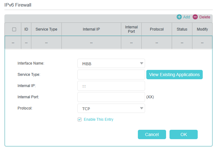 IPv6 Firewall page, featuring a configuration form with fields for Interface Name, Service Type, Internal IP, Internal Port, and Protocol