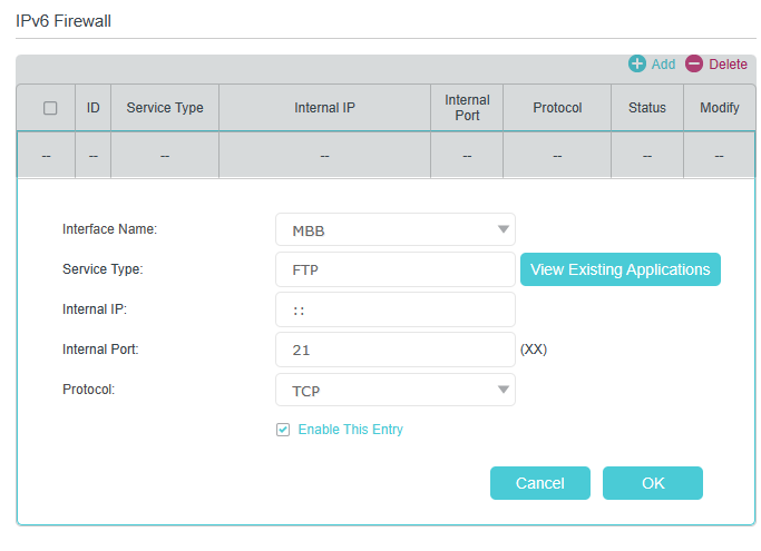 IPv6 Firewall configuration page, showing a rule setup for an FTP service with internal port 21 and TCP protocol