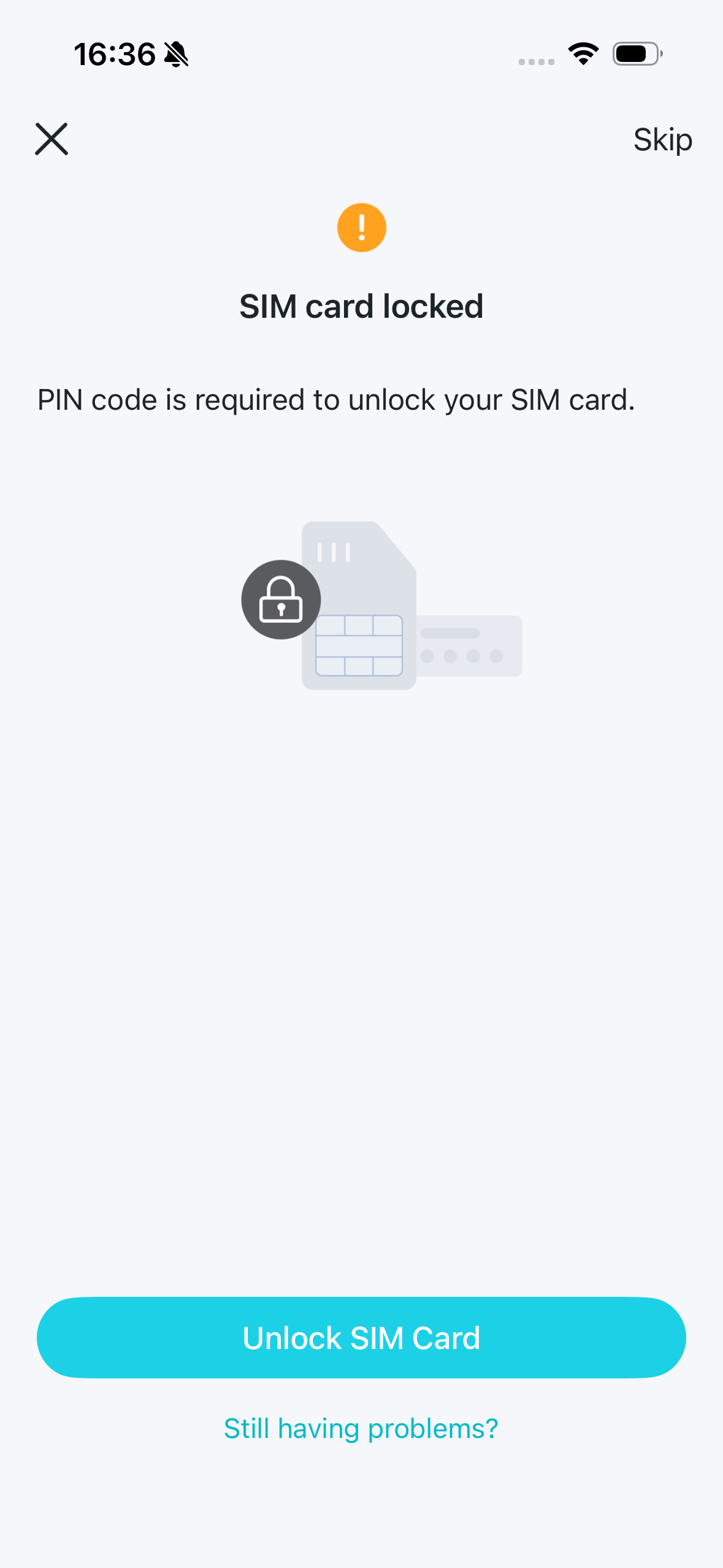 displays the inserted SIM card is locked with a PIN code and it's required to unlock it before continuing. 