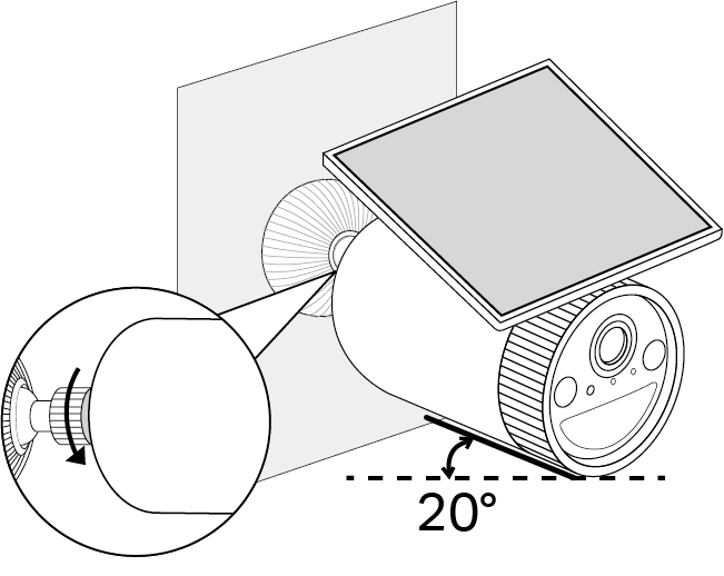 Install the camera on the base, adjust the angle by loosening the base, and secure it by tightening.