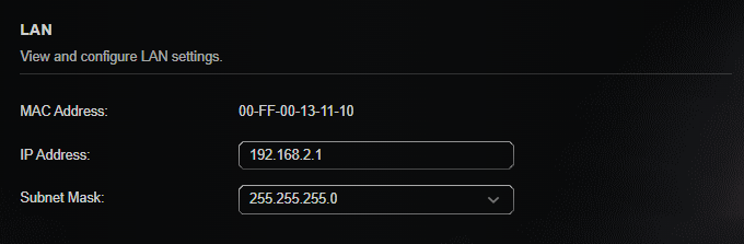 Change IP Address to 192.168.2.1 as an example
