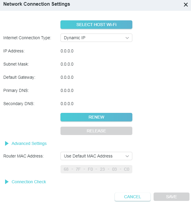 A screenshot of a network settings interface titled "Network Connection Settings," showing fields for Dynamic IP address configuration, including IP address, subnet mask, default gateway, and DNS server addresses set to 0.0.0.0, along with Renew, Release, Cancel, and Save buttons.