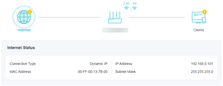 A screenshot of a router's "Internet Status" page, showing a diagram of the network connection flow from the internet, through the router (supporting 2.4 GHz and 5 GHz Wi-Fi), to connected clients. The details below the diagram show the Connection Type as Dynamic IP, IP Address 192.168.0.101, MAC Address 00-FF-00-13-7B-00, and Subnet Mask 255.255.255.0.