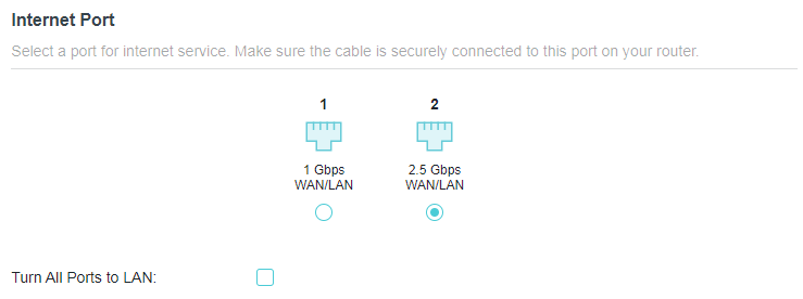 A screenshot of a router's 'Internet Port' selection webpage. The page instructs the user to select a port for internet service and provides two radio button options with corresponding icons: one for a 1 Gbps WAN/LAN port and one for a 2.5 Gbps WAN/LAN port (currently selected). An option to 'Turn All Ports to LAN' is unchecked at the bottom.