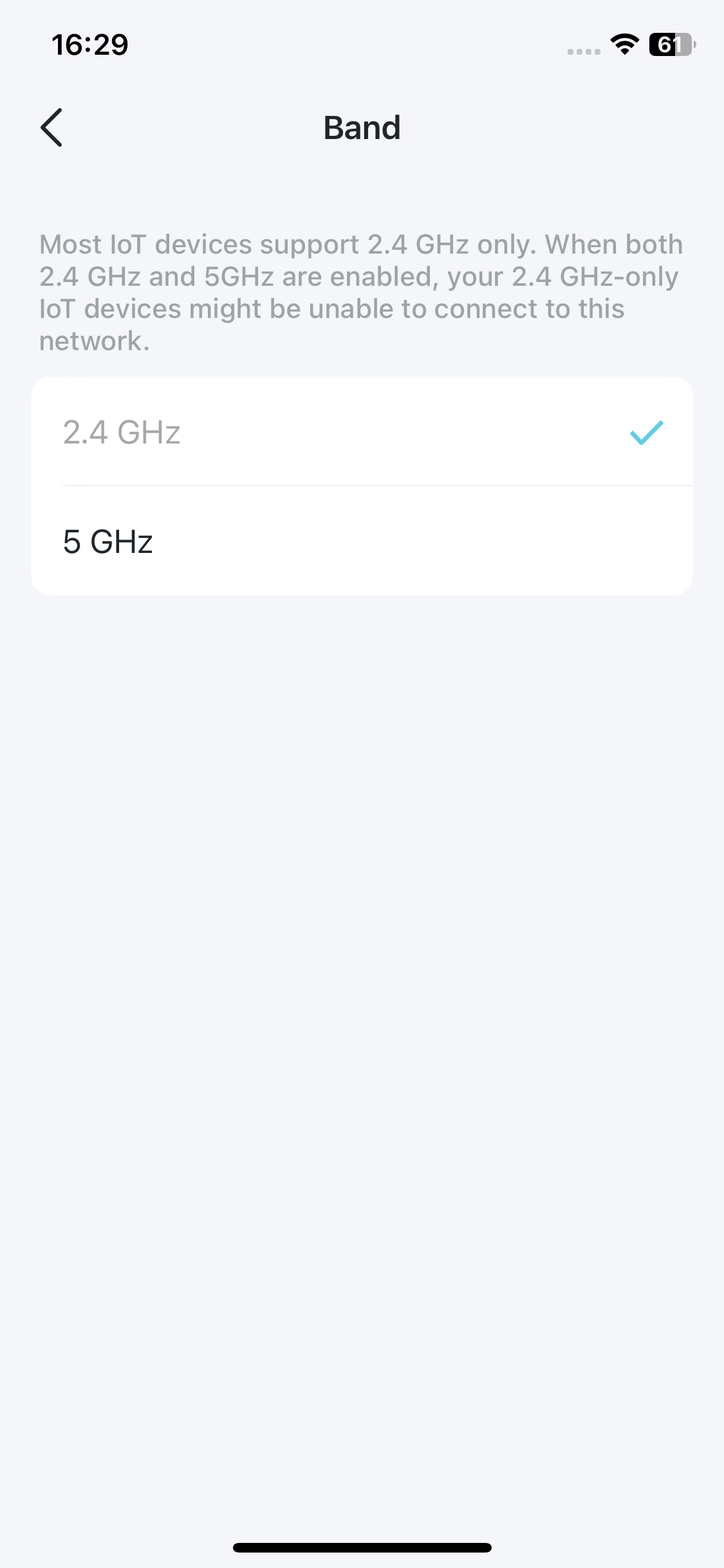 band settings page for iot network
