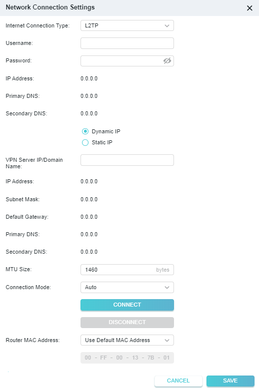 The L2TP internet connection settings page