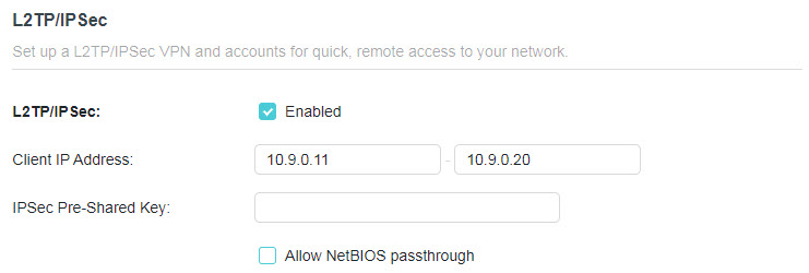 A screenshot of a network router's L2TP/IPSec VPN configuration page. The feature is enabled and configured with a client IP address range from 10.9.0.11 to 10.9.0.20. Input fields are provided for the IPSec Pre-Shared Key and an option to allow NetBIOS passthrough.