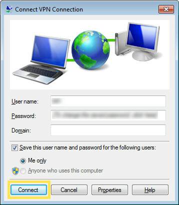 A screenshot of a Windows dialog box titled "Connect VPN Connection". The interface prompts the user for network credentials with input fields for User name, Password, and an optional Domain field. Options to save the user name and password for "Me only" or "Anyone who uses this computer" are available, along with buttons for "Connect", "Cancel", "Properties", and "Help".