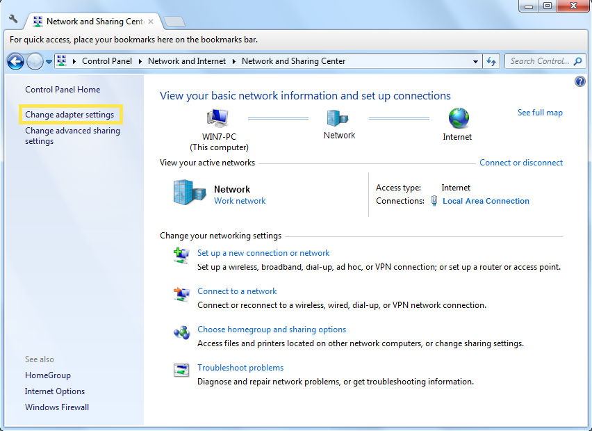 locate Change Adapter Settings.