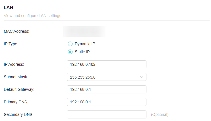 A screenshot of a network settings page titled "LAN," displaying fields for configuring a Static IP connection. It shows a selected static IP address of 192.168.0.102, a subnet mask of 255.255.255.0, a default gateway of 192.168.0.1, and primary and secondary DNS fields.