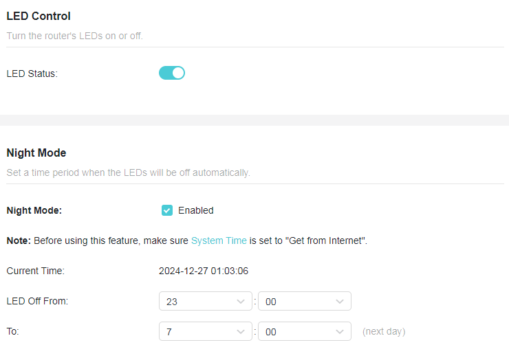 A screenshot of a network device's 'LED Control' settings webpage. The page shows that the LEDs are currently on, and "Night Mode" is enabled to automatically turn them off from 23:00 to 07:00 the next day. The current system time is displayed as 2024-12-27 01:03:06.