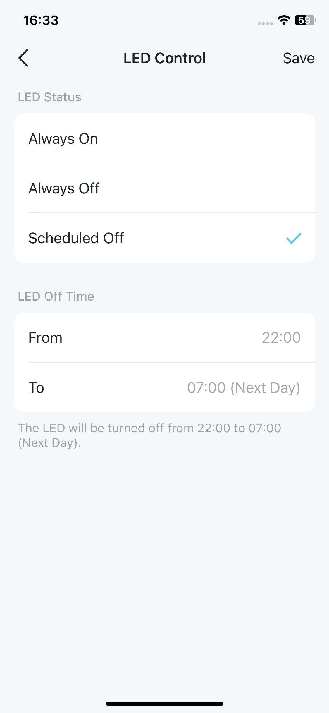 LED Control setting page