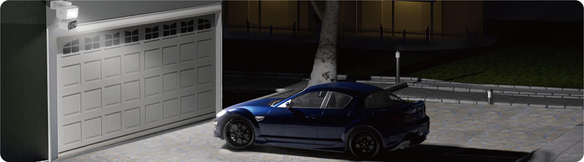 The lifestyle image shows how the floodlight camera illuminates the garage, making it easier for the car to get home.