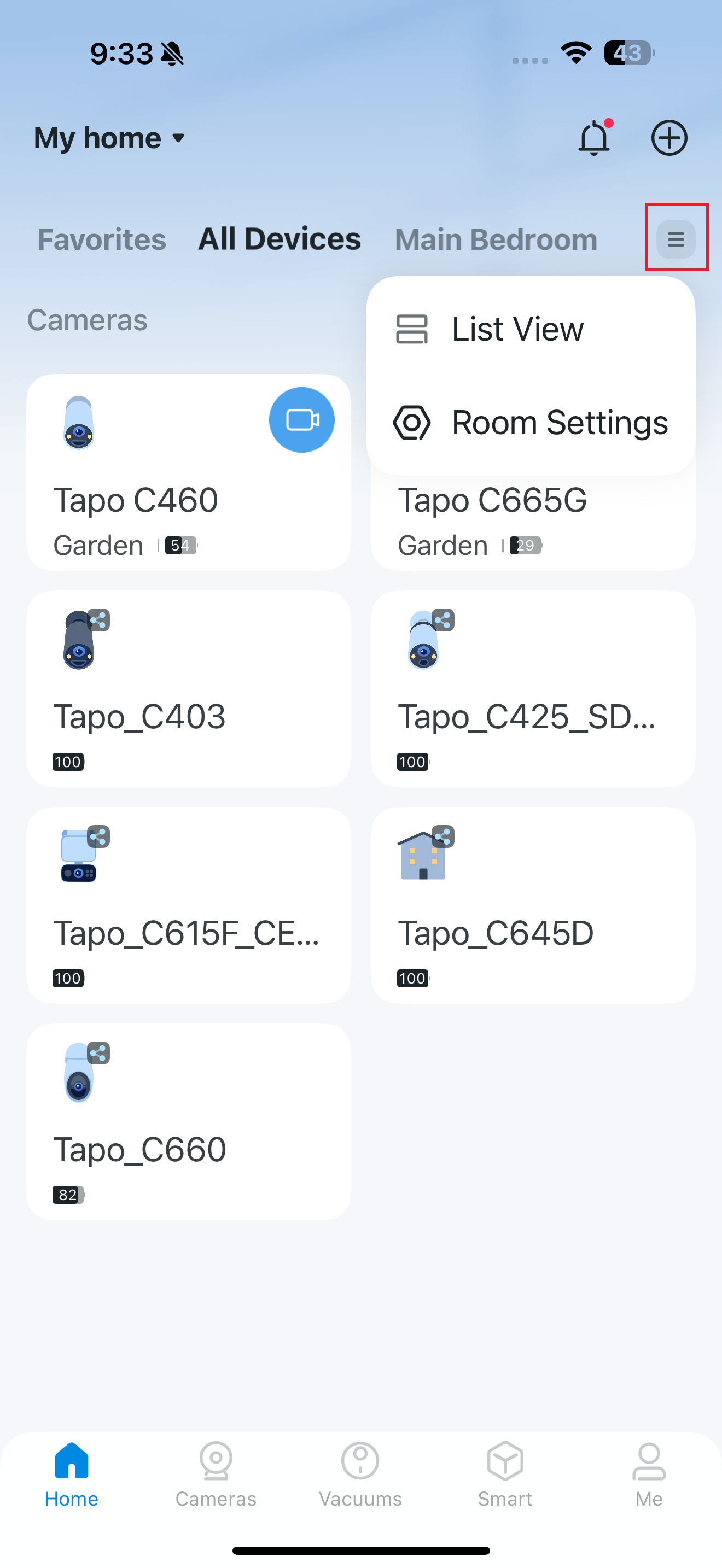 Select the List View and Room Settings Button