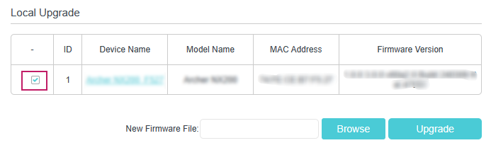 Local upgrade section, showing new firmware file upload field and a upgrade button on the right bottom.