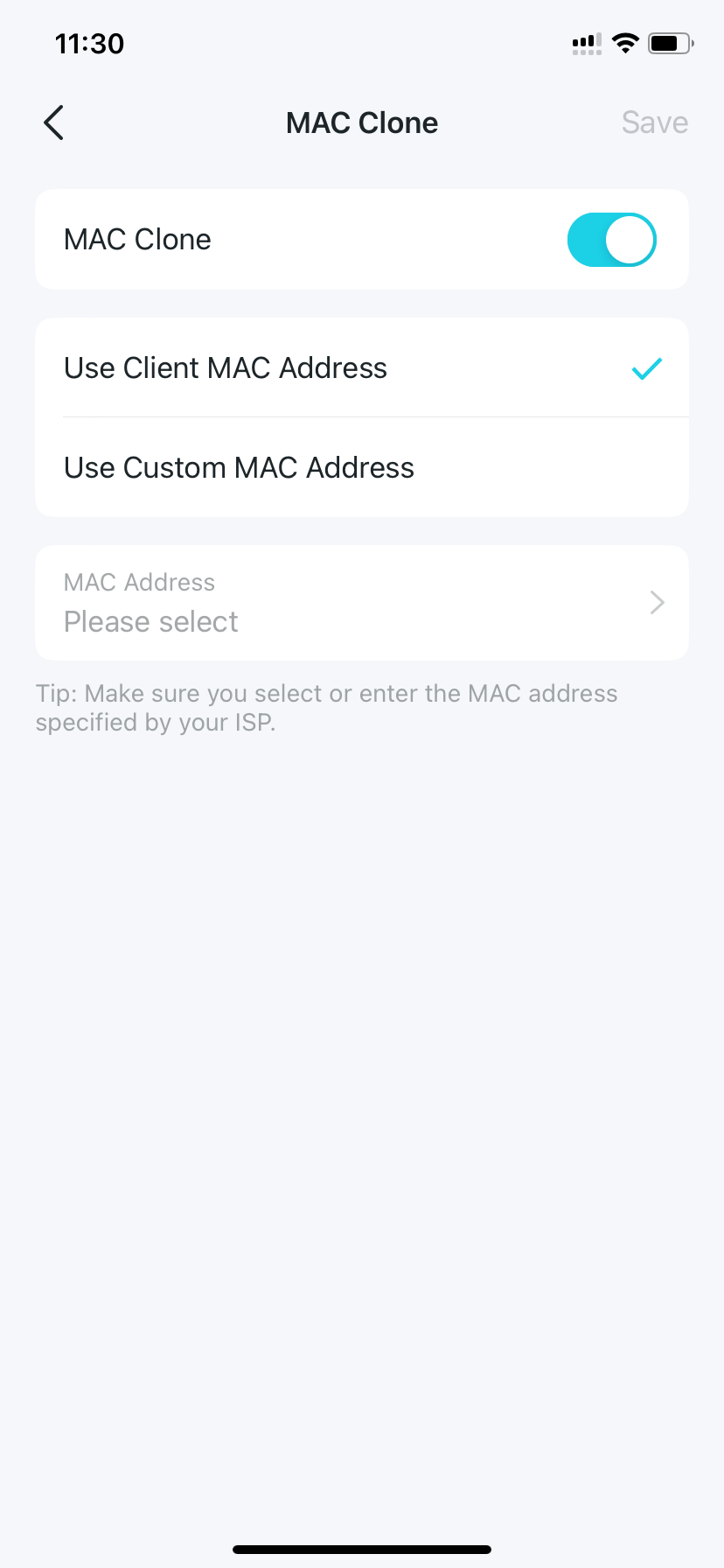MAC Clone settings page