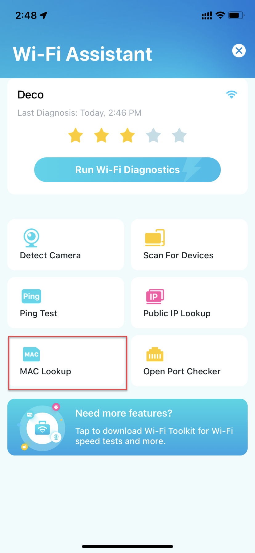 Locate MAC Lookup on the Wi-Fi Assistant page