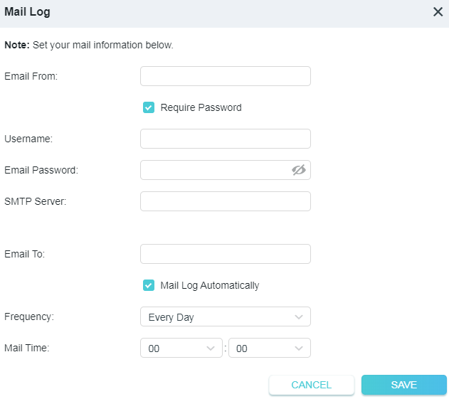 A screenshot of a router configuration dialog box titled Mail Log. The screen contains input fields for setting up automatic email delivery of system logs, including "Email From", "Username", "Email Password", "SMTP Server", "Email To", "Frequency", and "Mail Time".