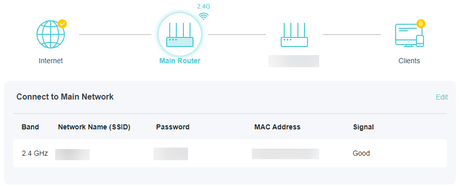A screenshot of a network configuration page titled "Connect to Main Network", displaying a network diagram at the top. A table below lists the 2.4 GHz Wi-Fi band, showing its network name, MAC address, and the signal status as "Good".