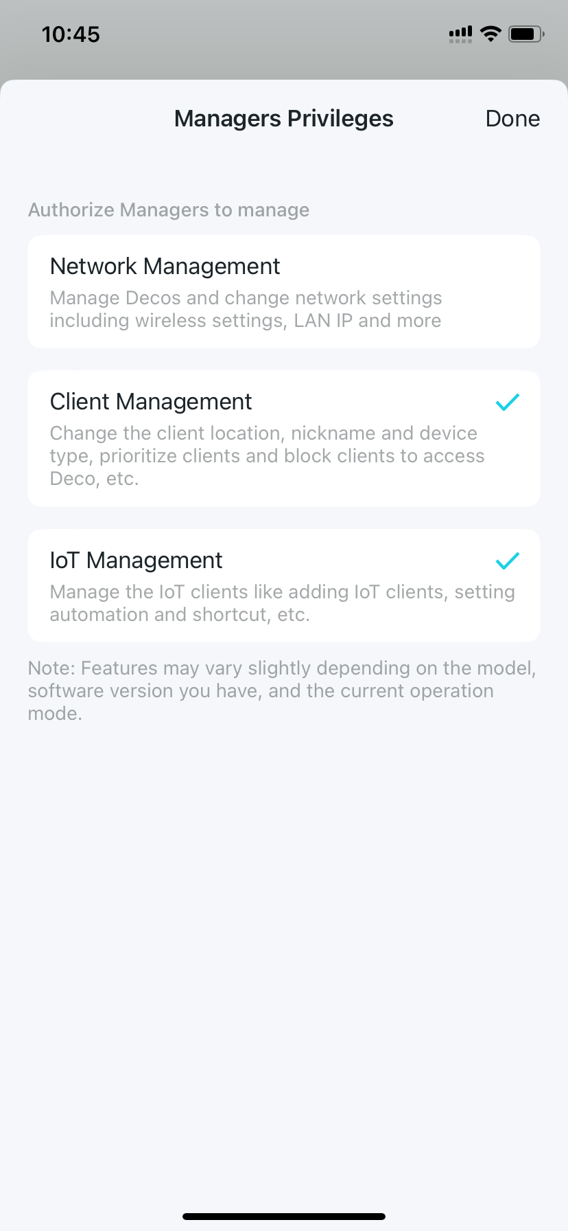manager privileges settings page