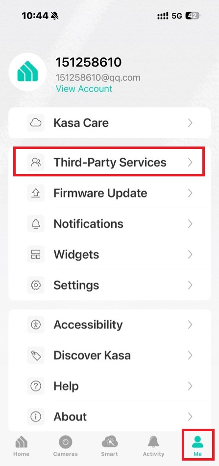 Go to the Me page in the Kasa app and tap Third-Party Services.