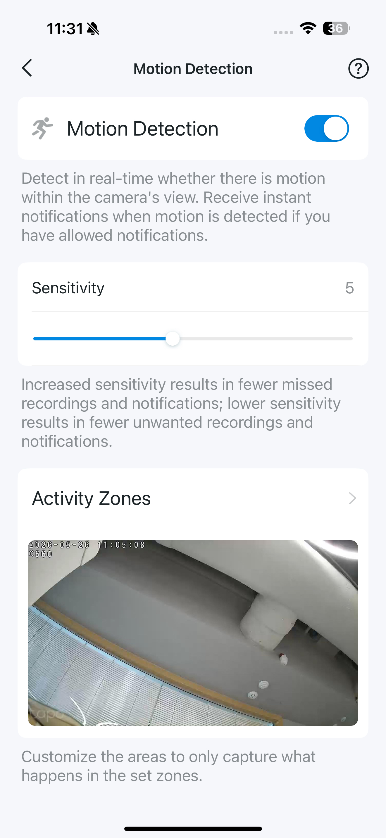 Motion Detection page in the app
