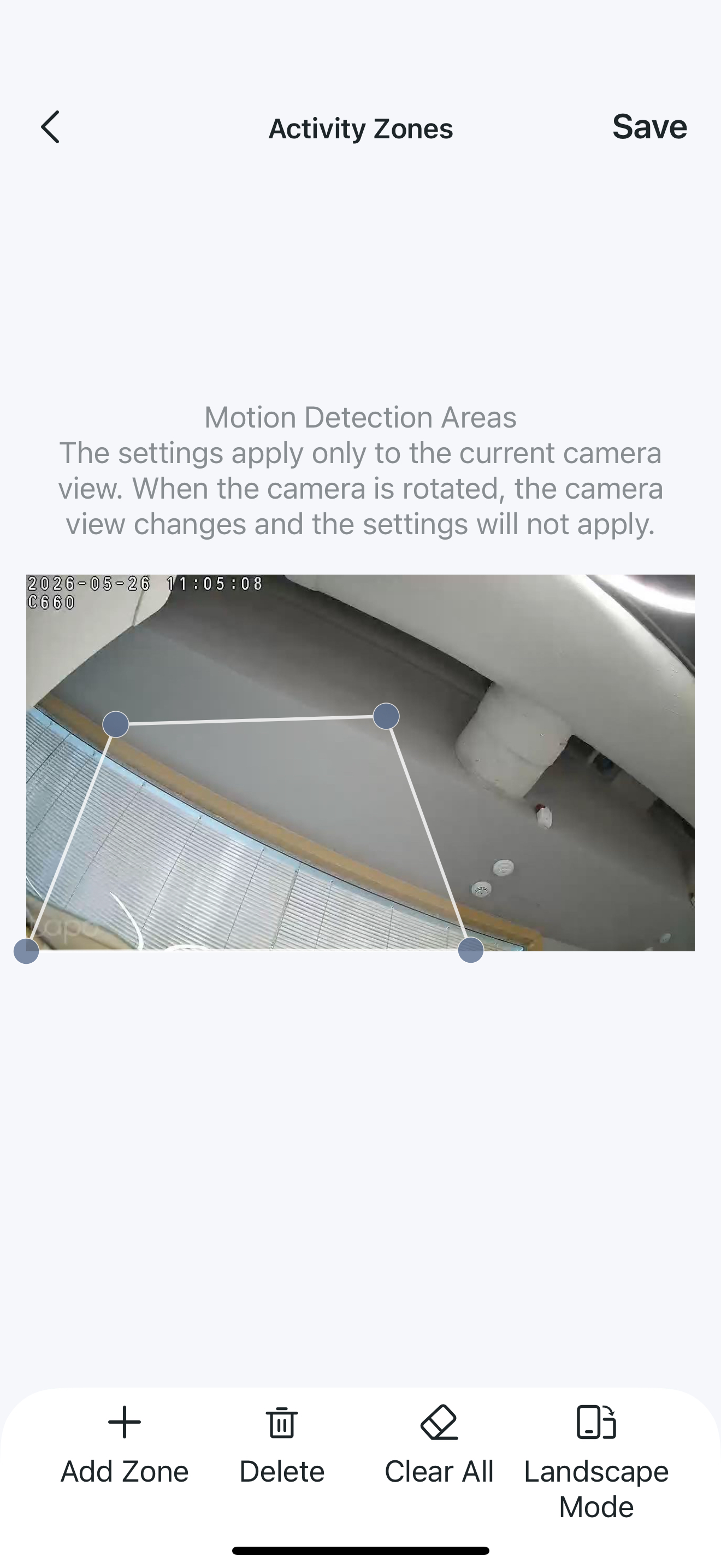 Motion Detection Activity Zones page in the app