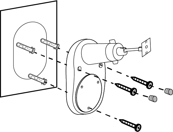 Insert three wall anchors into the holes and use the mounting screws to affix the solar panel bracket over the anchors. Then, insert two screw caps into the upper screw holes.