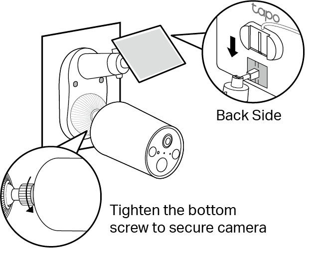 Slide the solar panel onto the mounting bracket until it clicks into place and install the camera on the bracket and secure it by tightening the bottom screw.