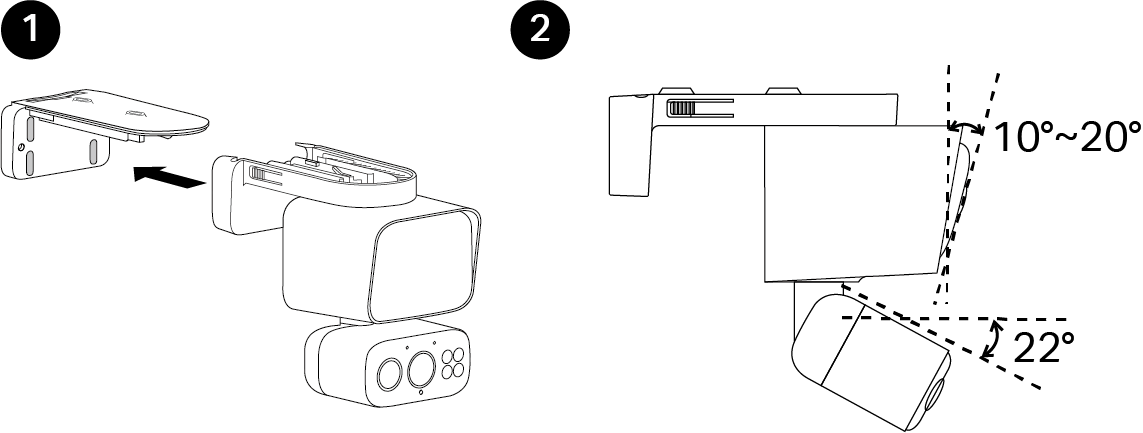 Displays how to secure the camera and adjust angles.