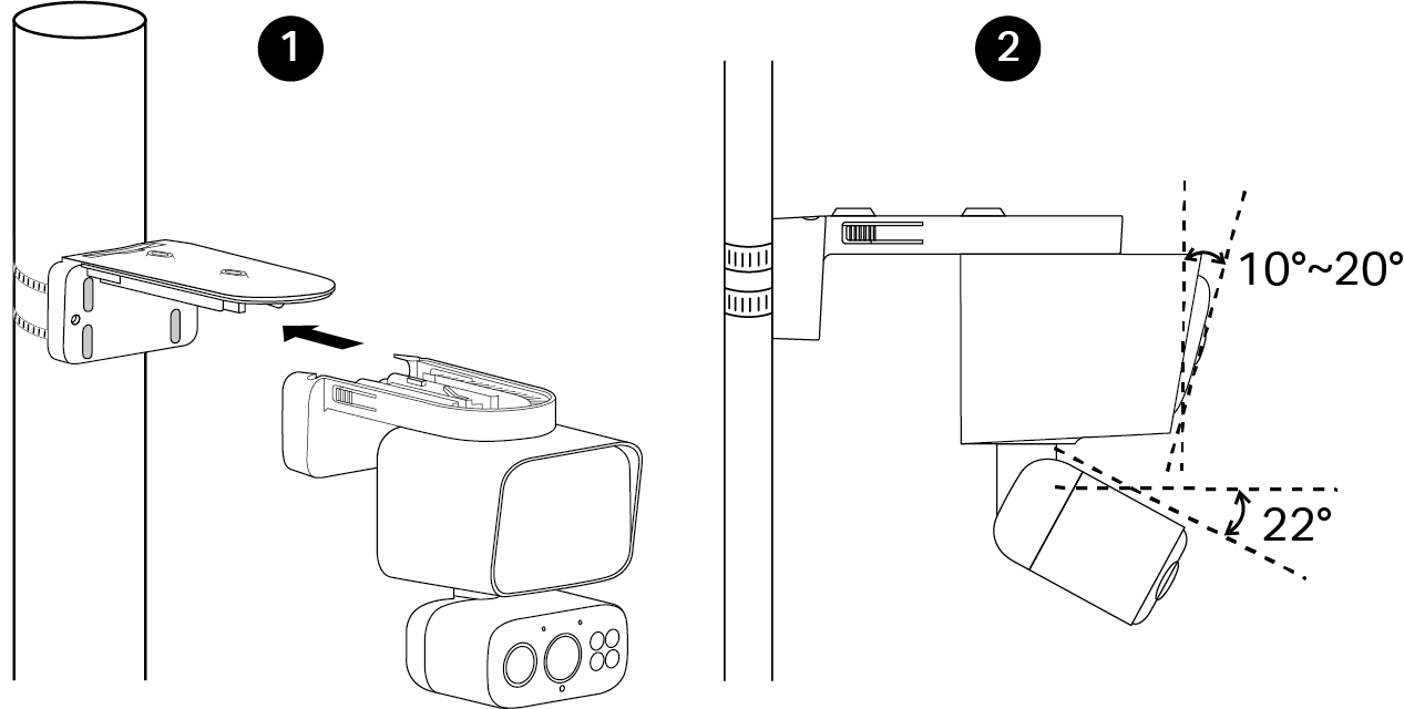 Displays how to secure the camera and adjust angles.