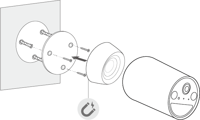 Insert 3 anchors into the holes and use the screws to affix the metal plate over the anchors. Then attach the camera to the plate.