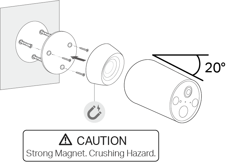 Insert 3 anchors into the holes and use the screws to affix the metal plate over the anchors. Then attach the camera to the plate.