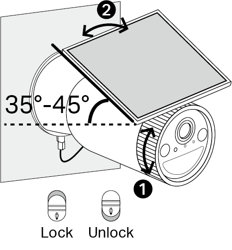 Slide the Lock button upwards to loosen the solar panel part, rotate the solar panel towards the sunlight, and then slide downwards to secure. Tilt the solar panel at an angle of about 35° ~ 45° (recommended).