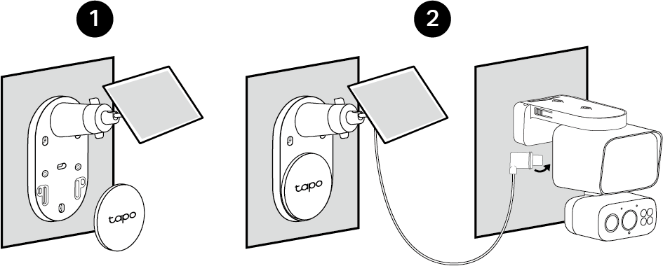Displays how to install the base cover and connect to the solar panel to the camera