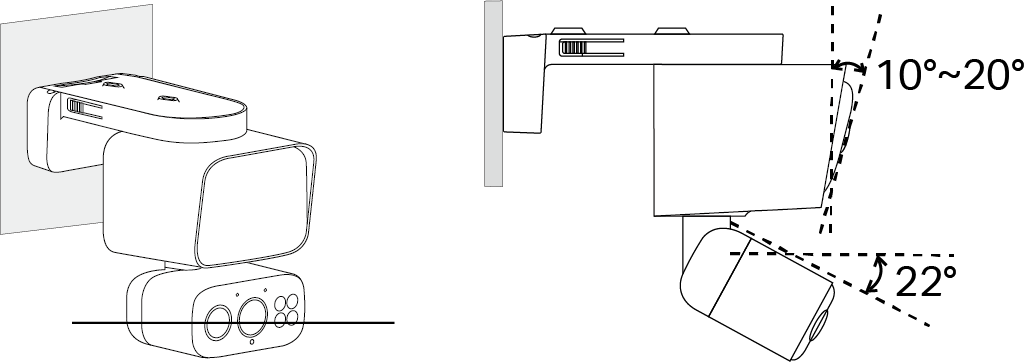 Displays images of keeping the motion sensor level and the camera lens and floodlight tilt angles
