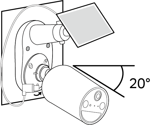 Install the camera onto the bracket and tilt the camera downwards at an angle of about 20°. Insert the solar panel's connector into the camera's charging port until snug to charge the camera.